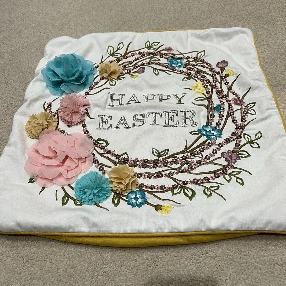 Pier 1 Happy Easter Pillow Case Set Of Two Embroidered Square Cottagecore Flower